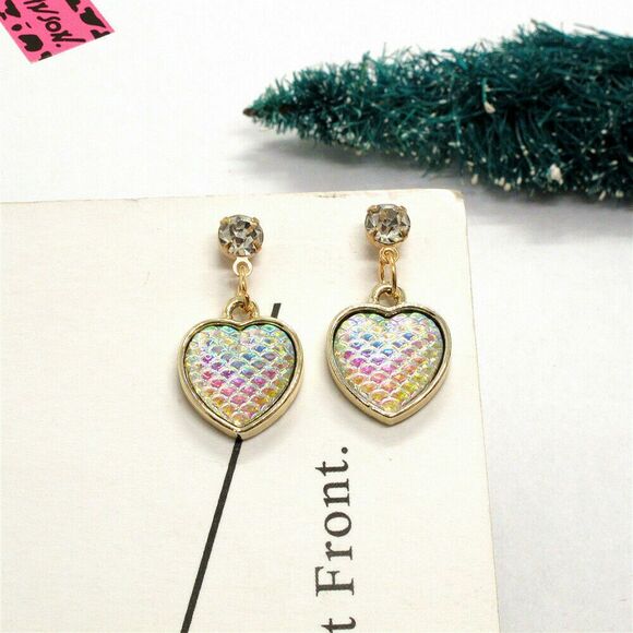 NEW Mermaid Scales Dangle Earrings Iridescent Pink White Gold Stud Mermaidcore - Picture 7 of 7